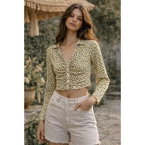 Maeve Anthropologie Yellow Geometric Ruched Front Button Down Crop Top Small